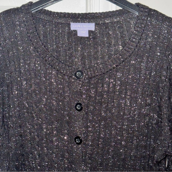 LAURA SCOTT Women's Large Black Metallic Sparkle Cardigan Sweater V-Neck Button - Picture 1 of 16